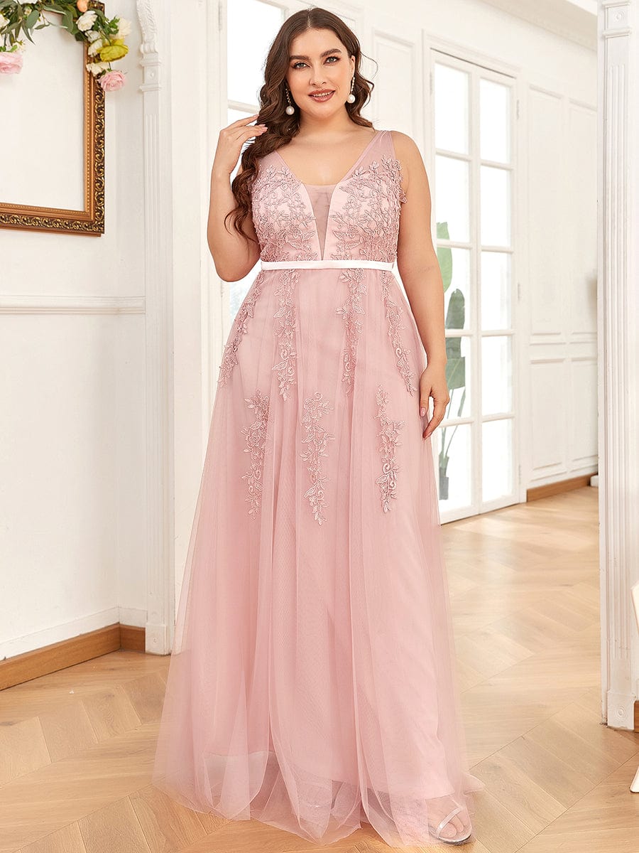 Plus Size Maxi Long Ethereal Tulle Formal Evening Dress #color_Pink 