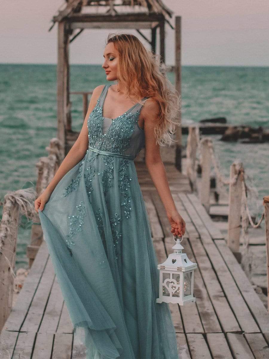 Maxi Long Elegant Ethereal Tulle Prom Dress #color_Dusty Blue 