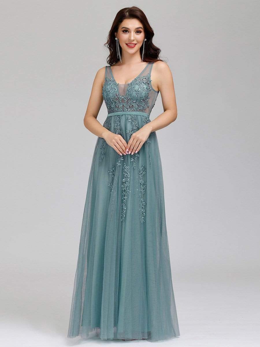 Maxi Long Elegant Ethereal Tulle Prom Dress #color_Dusty Blue 