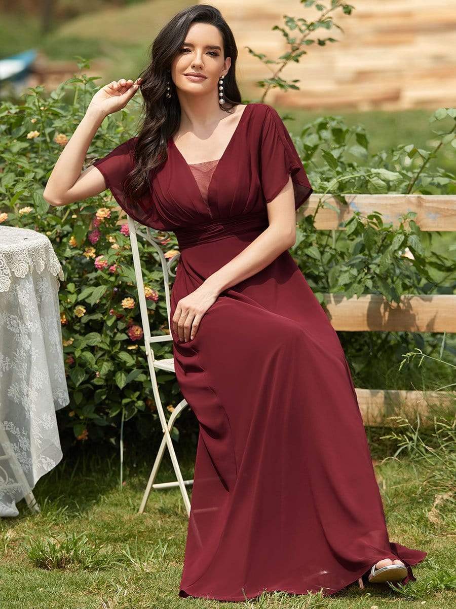 Women's A-Line Empire Waist Maxi Chiffon Evening Dress #color_Burgundy 