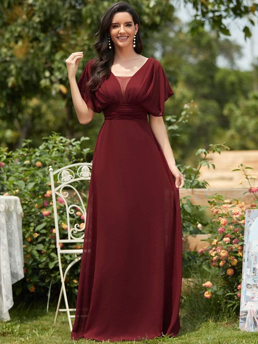 Women's A-Line Empire Waist Maxi Chiffon Evening Dress #color_Burgundy 