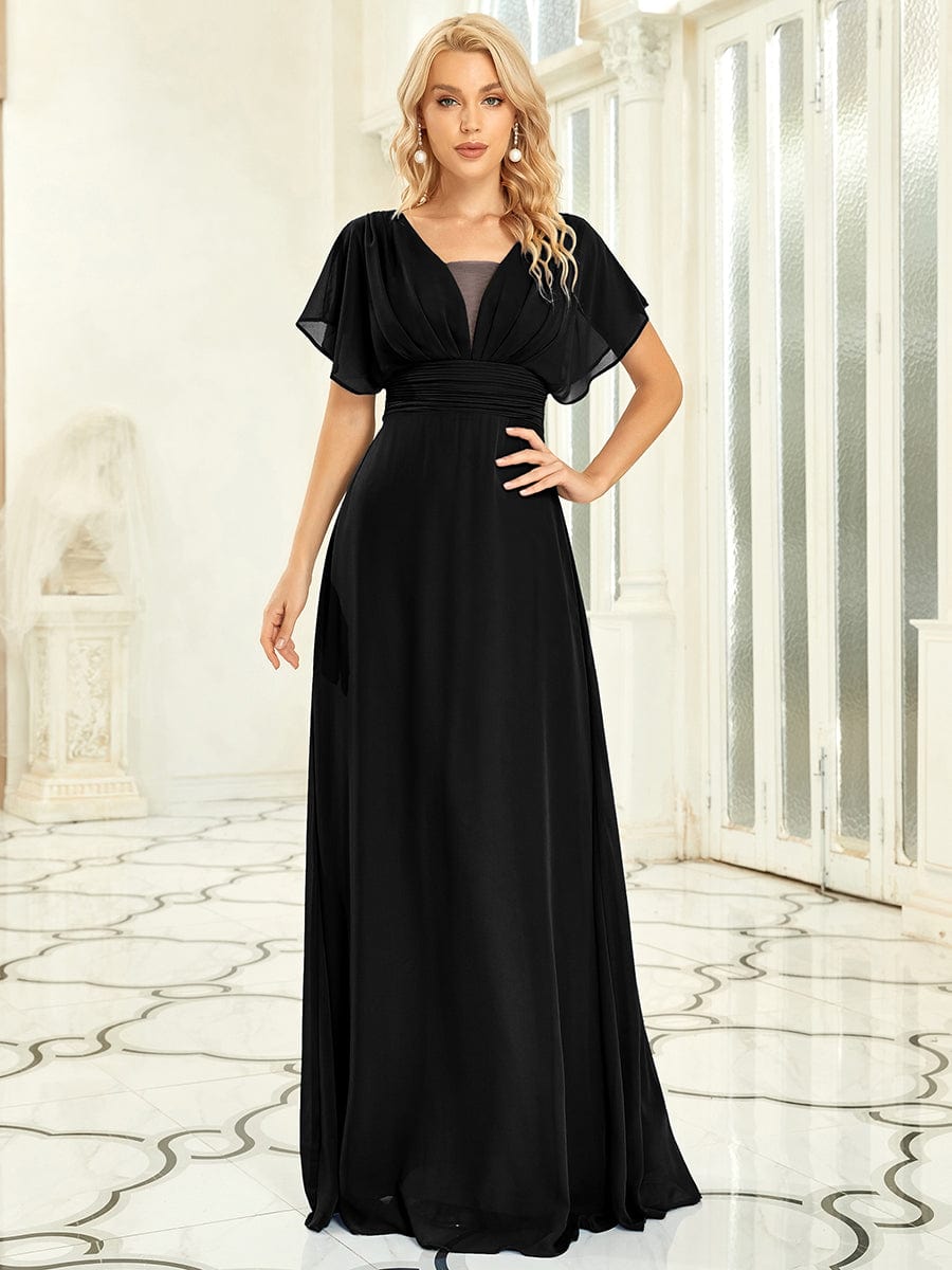 Women's A-Line Empire Waist Maxi Chiffon Evening Dress #color_Black