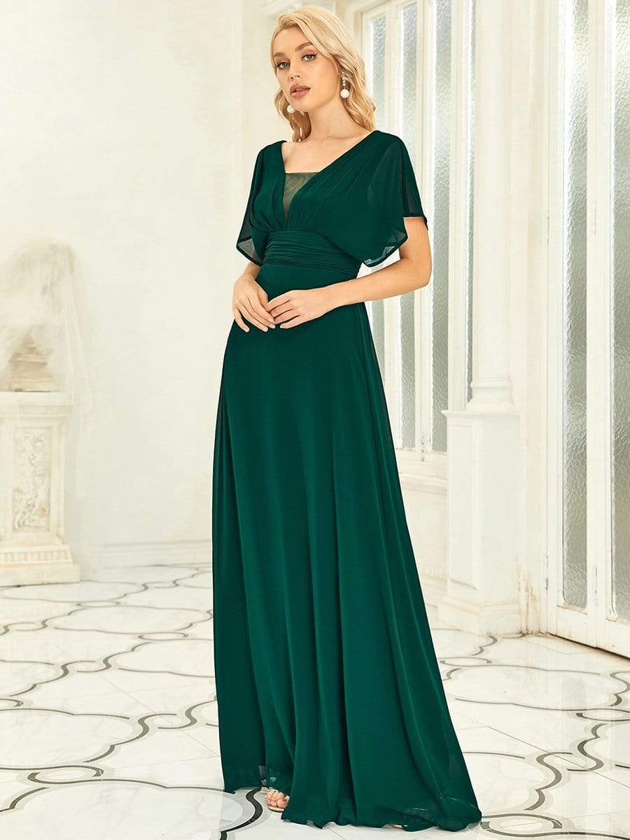 Women's A-Line Empire Waist Maxi Chiffon Evening Dress #color_Dark Green 