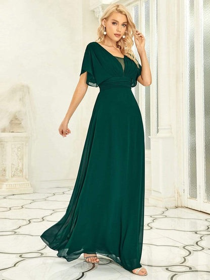 Women's A-Line Empire Waist Maxi Chiffon Evening Dress #color_Dark Green 