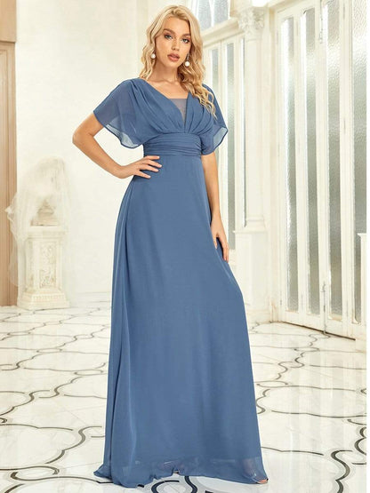 Women's A-Line Empire Waist Maxi Chiffon Evening Dress #color_Dusty Navy 