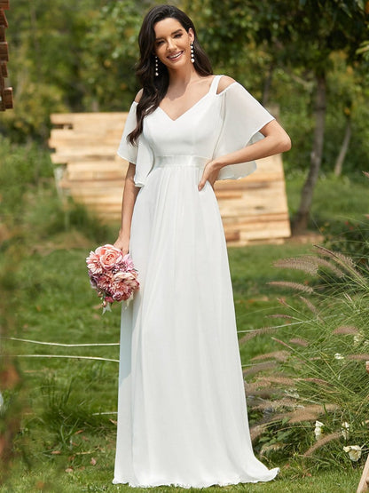 Double V Neck Cold Shoulder Flowy Chiffon Outdoor Wedding Dress #color_Cream 