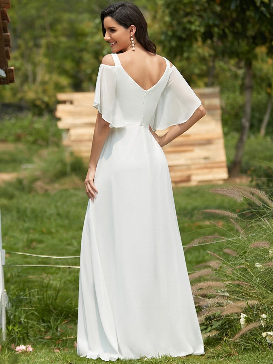 Double V Neck Cold Shoulder Flowy Chiffon Outdoor Wedding Dress #color_Cream 