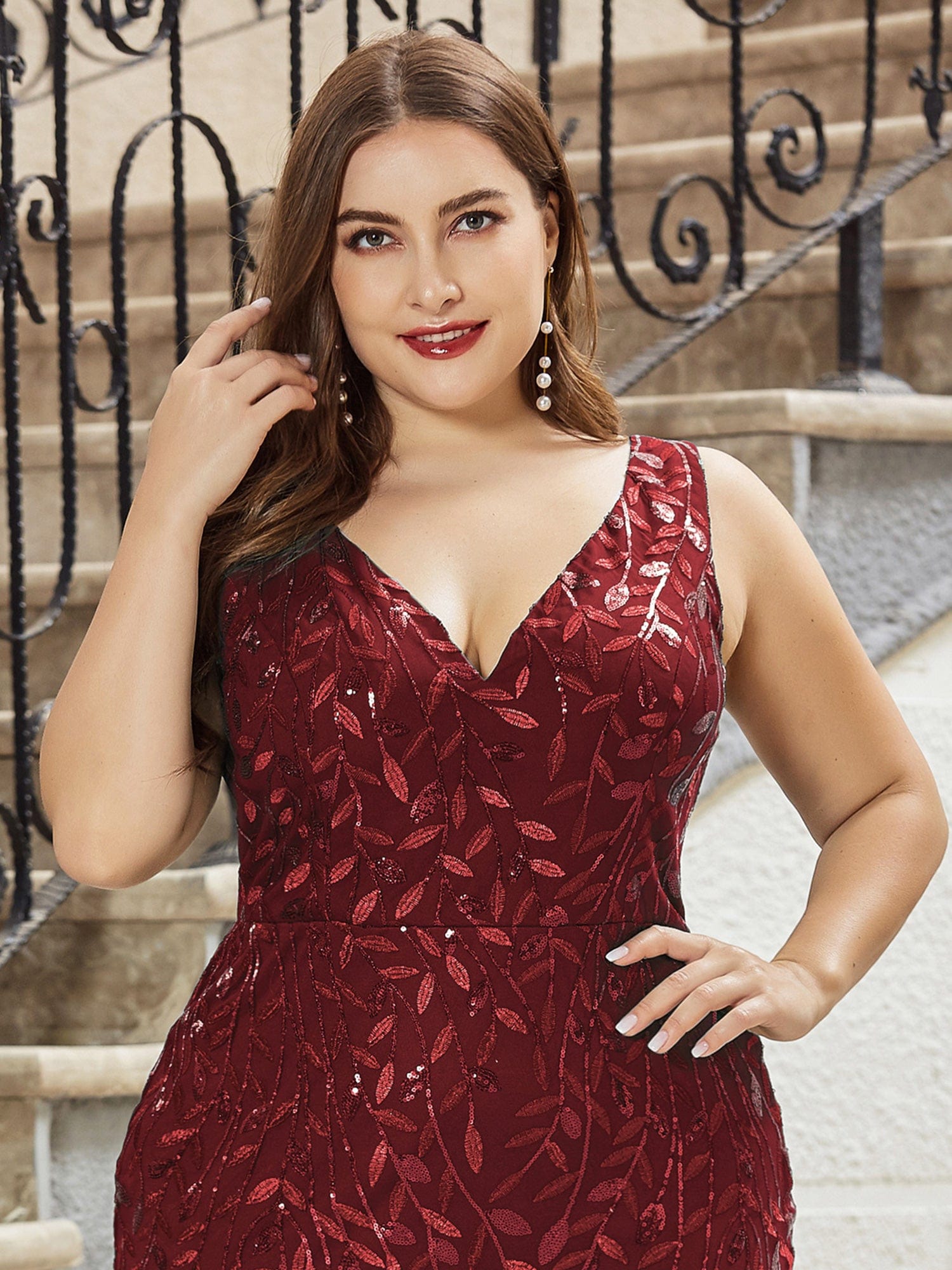 Custom Size Double V-Neck Fishtail Sequin Formal Maxi Evening Dress #color_Burgundy