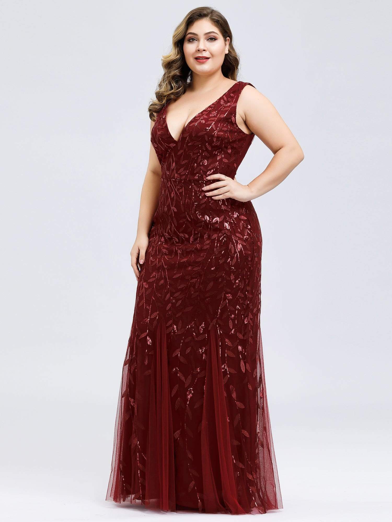 Plus Size Maxi Sequin Formal Dresses & Gowns #Color_Burgundy