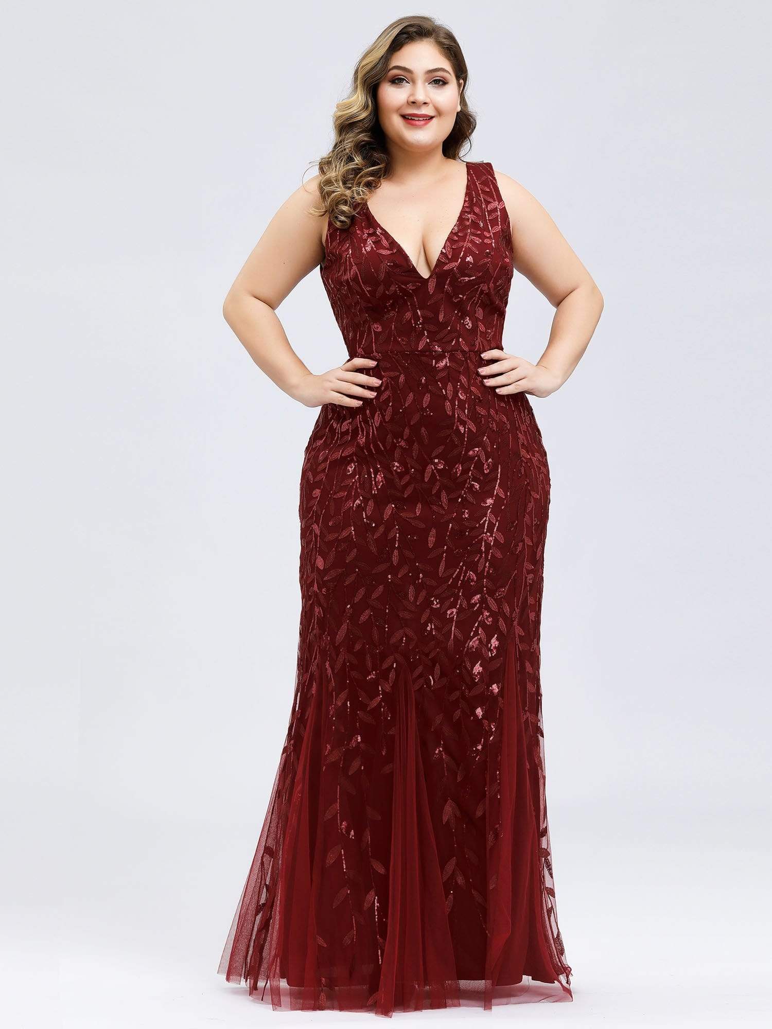 Plus Size Maxi Sequin Formal Dresses & Gowns #Color_Burgundy