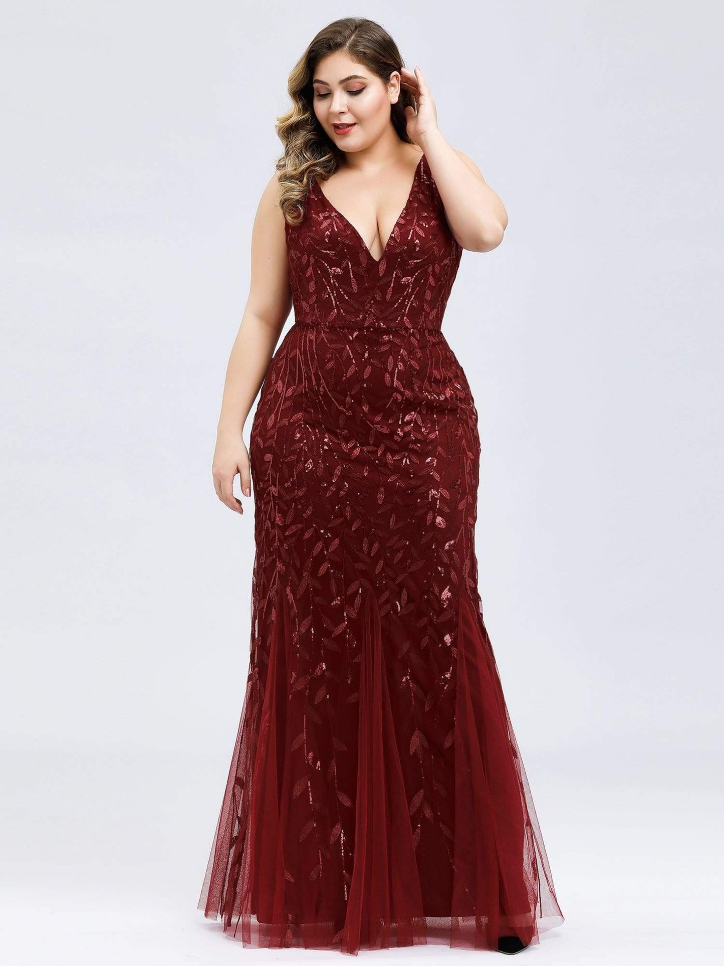 Plus Size Maxi Sequin Formal Dresses & Gowns #Color_Burgundy