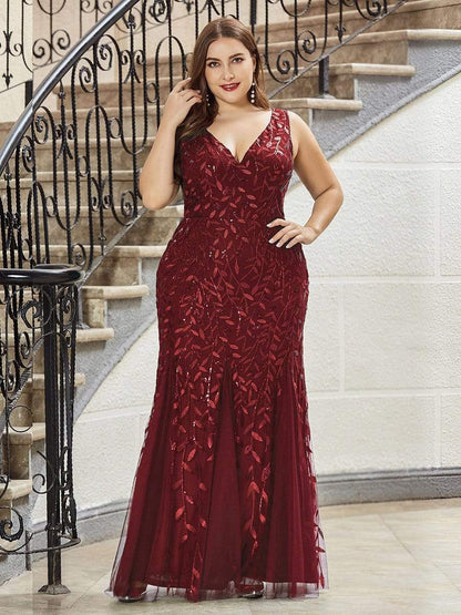 Women's Double V-Neck Fishtail Sequin Evening Dress #Color_Burgundy