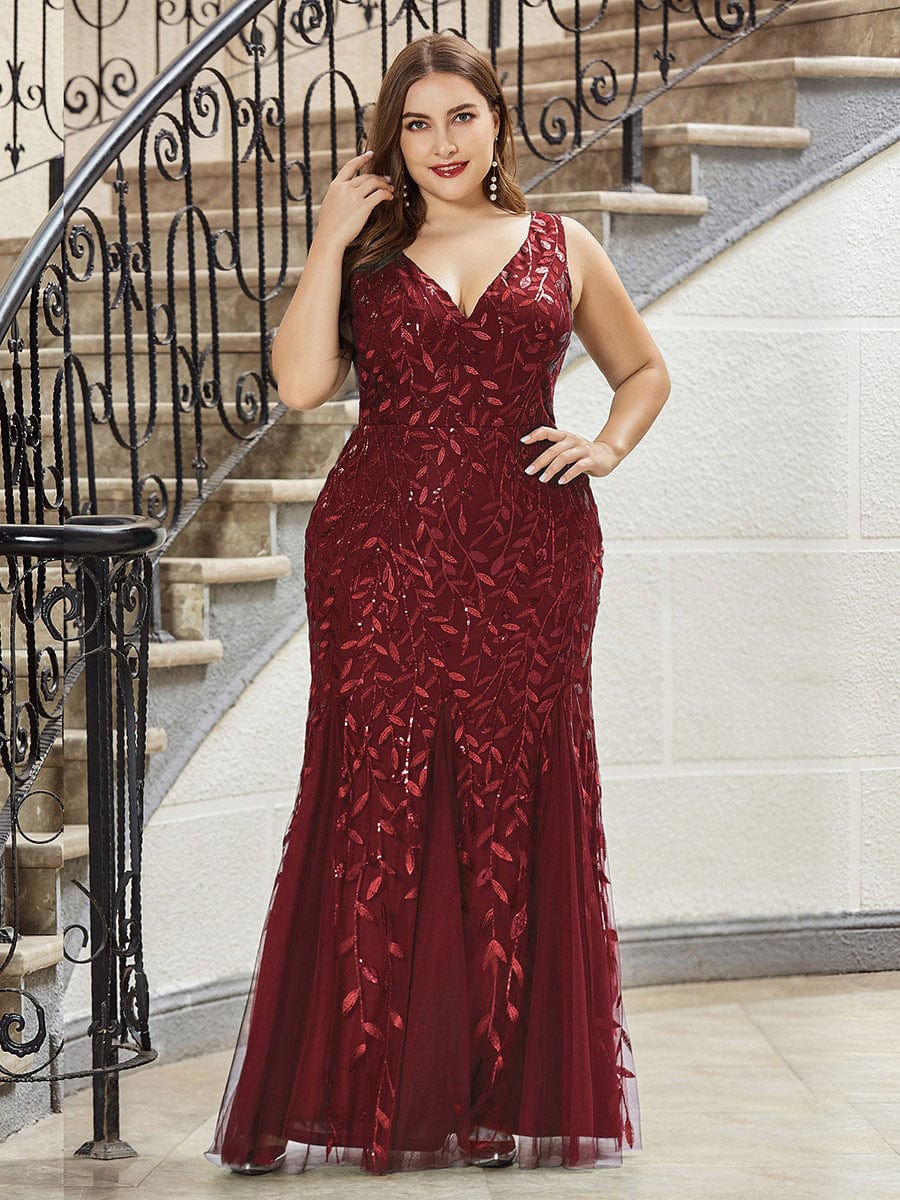 Plus Size Double V-Neck Fishtail Sequin Formal Maxi Evening Dress #color_Burgundy 