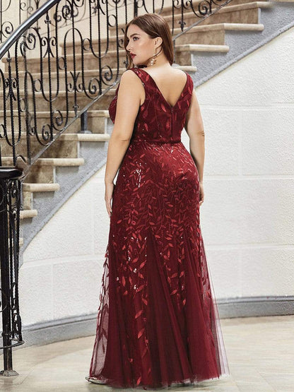 Women's Double V-Neck Fishtail Sequin Evening Dress #Color_Burgundy