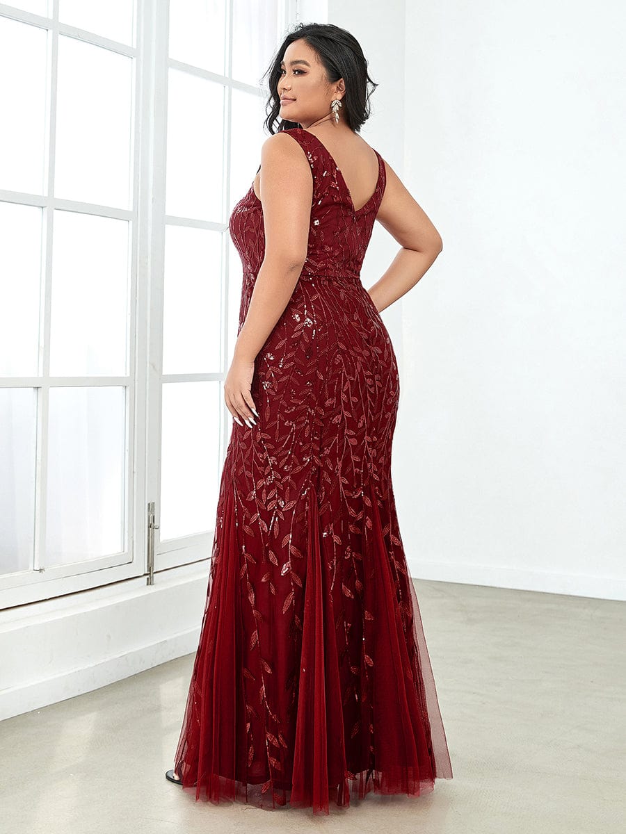 Plus Size Double V-Neck Fishtail Sequin Formal Maxi Evening Dress #color_Burgundy 