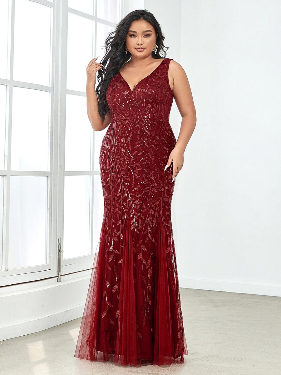 Plus Size Double V-Neck Fishtail Sequin Formal Maxi Evening Dress #color_Burgundy 