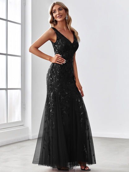 Women's Double V-Neck Fishtail Sequin Evening Dress #Color_Black