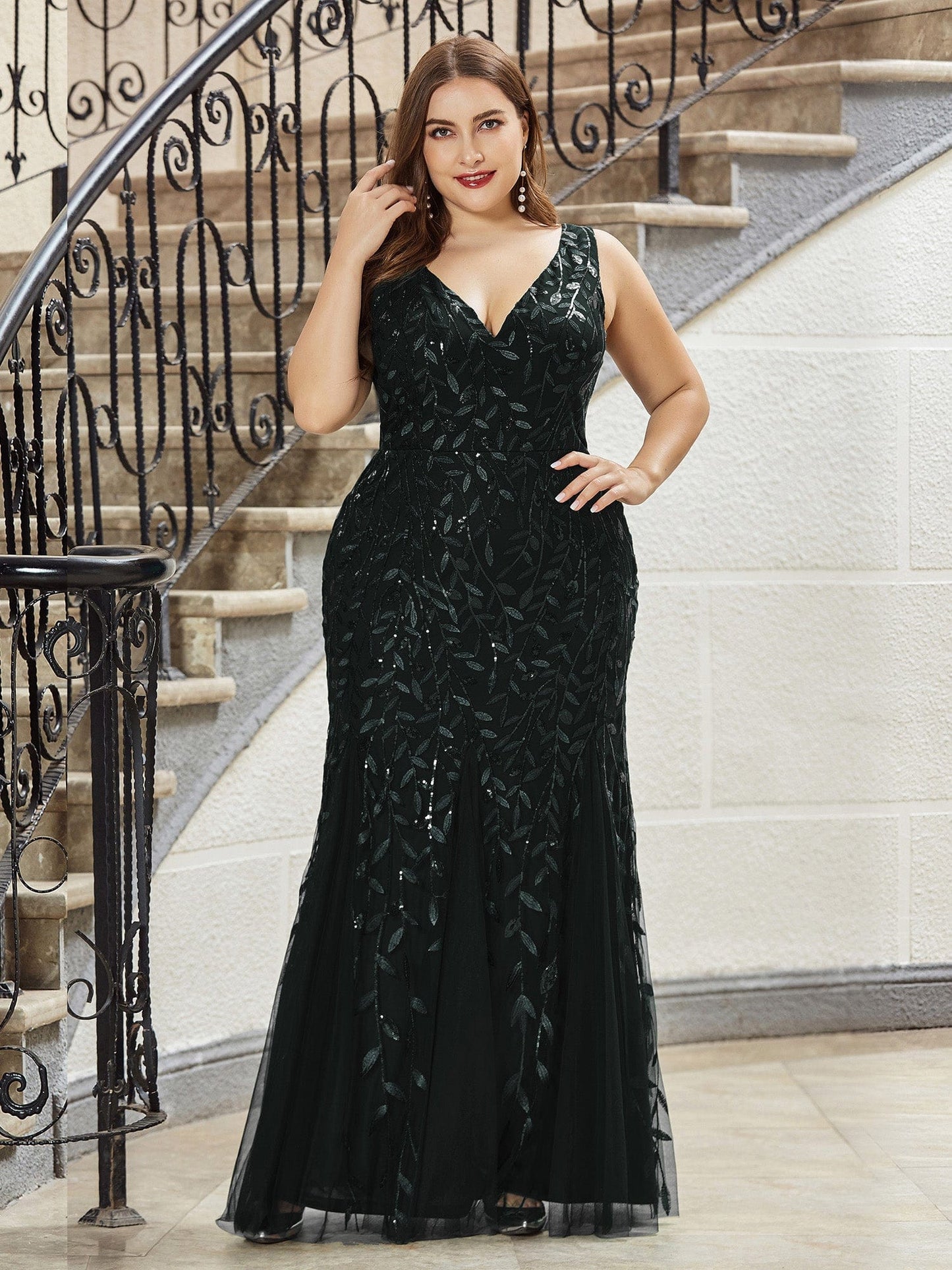 Custom Size Double V-Neck Fishtail Sequin Formal Maxi Evening Dress #color_Black