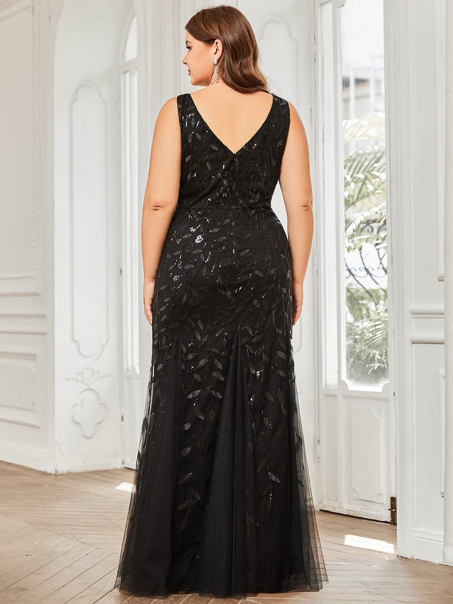 Plus Size Double V-Neck Fishtail Sequin Formal Maxi Evening Dress #color_Black 