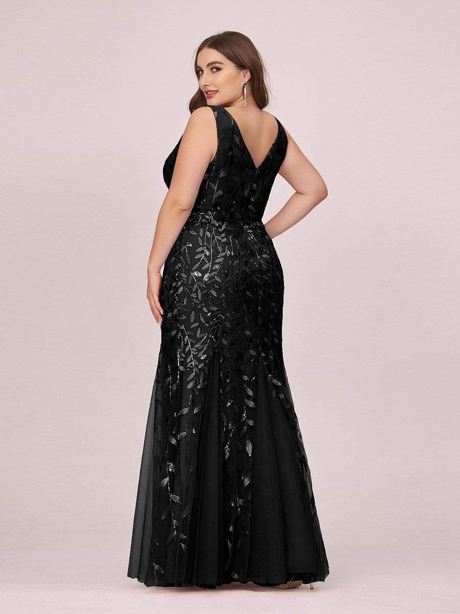 Women's Double V-Neck Fishtail Sequin Evening Dress #Color_Black