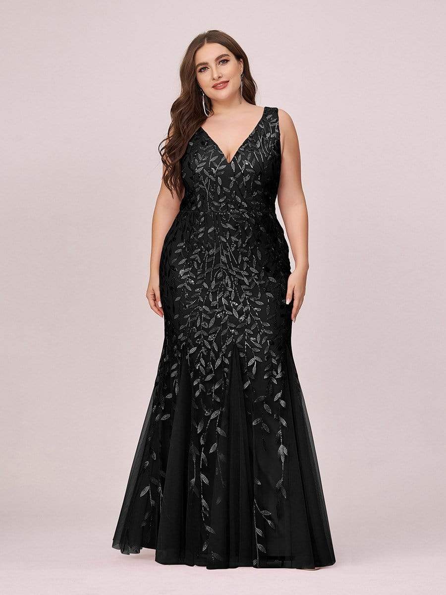 Women's Double V-Neck Fishtail Sequin Evening Dress #Color_Black