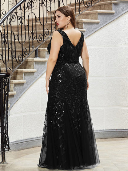 Plus Size Double V-Neck Fishtail Sequin Formal Maxi Evening Dress #color_Black 