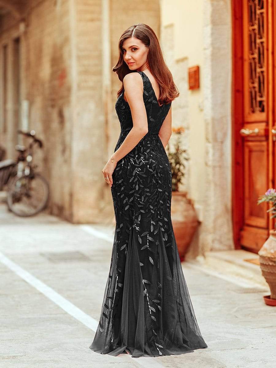 Women's Double V-Neck Fishtail Sequin Evening Dress #Color_Black