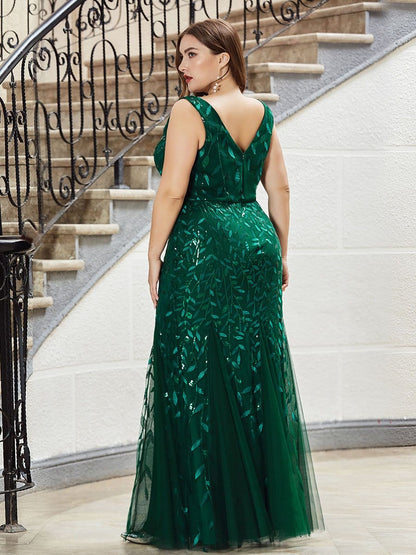 Women's Double V-Neck Fishtail Sequin Evening Dress #Color_Dark Green