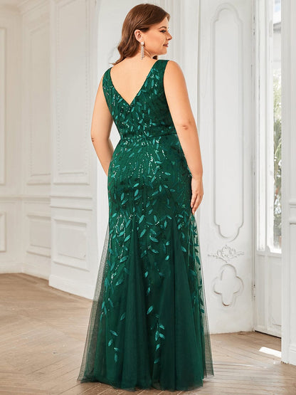 Plus Size Double V-Neck Fishtail Sequin Formal Maxi Evening Dress #color_Dark Green 