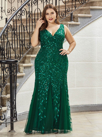 Women's Double V-Neck Fishtail Sequin Evening Dress #Color_Dark Green