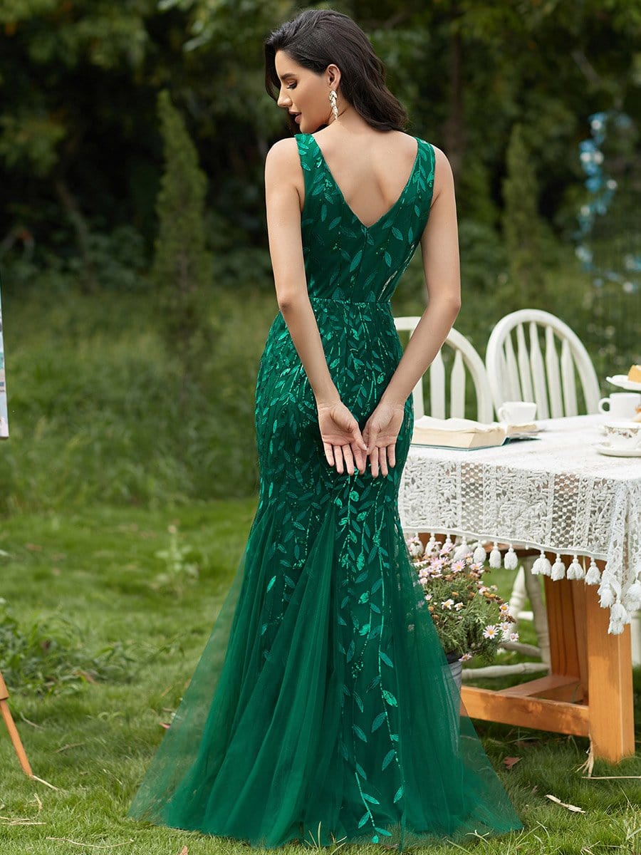 Women's Double V-Neck Fishtail Sequin Evening Dress #Color_Dark Green