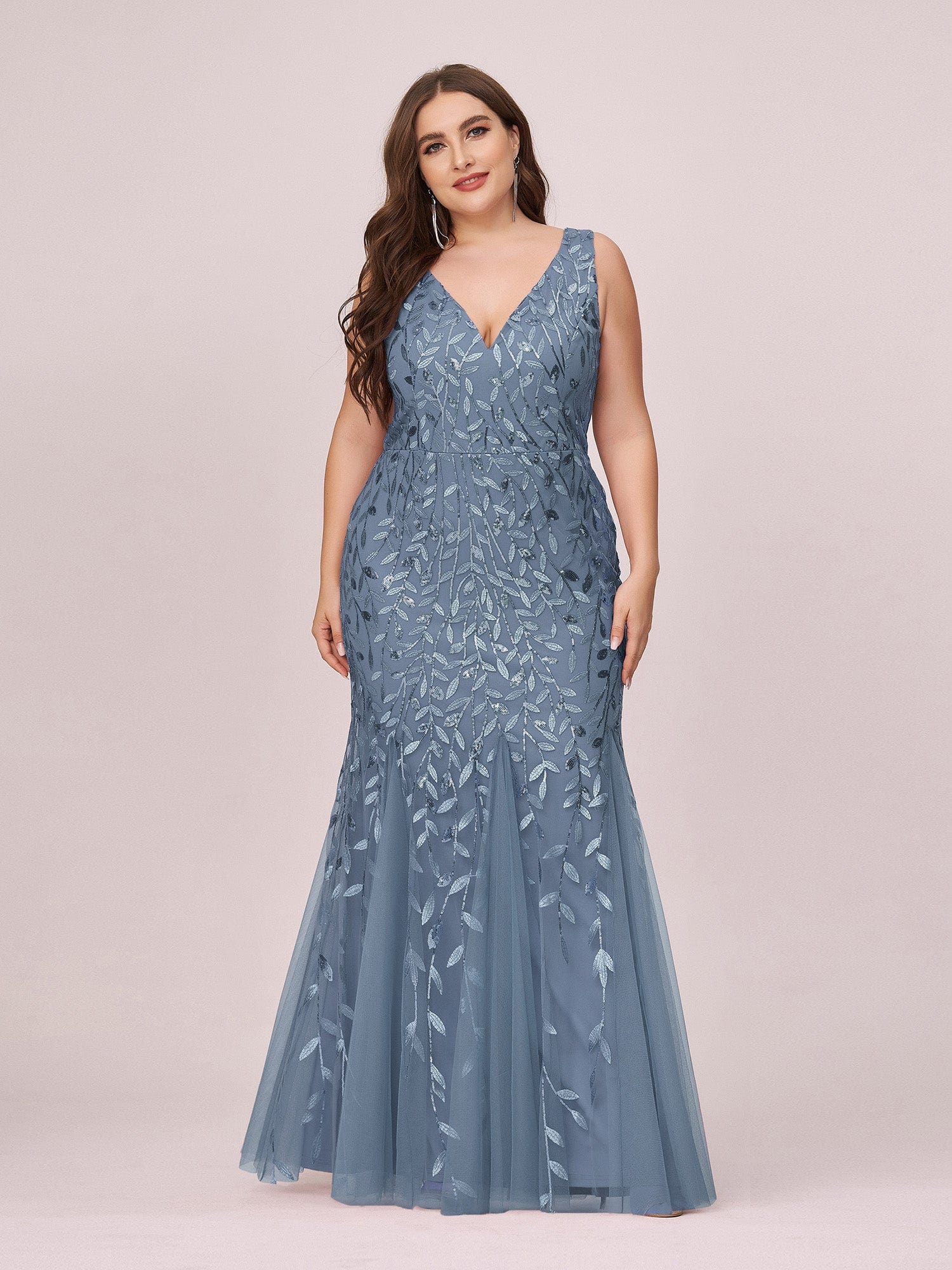 Custom Size Double V-Neck Fishtail Sequin Formal Maxi Evening Dress #color_Dusty Navy