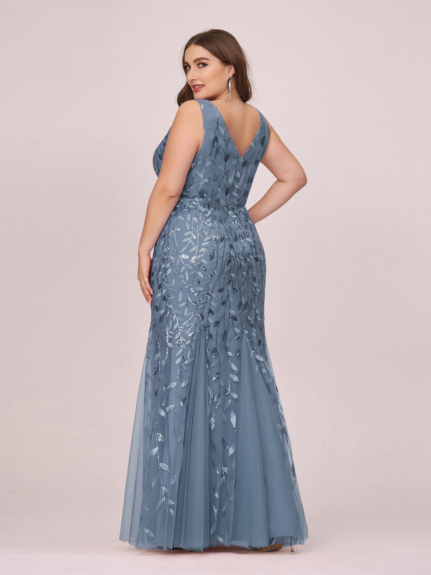 Custom Size Double V-Neck Fishtail Sequin Formal Maxi Evening Dress #color_Dusty Navy