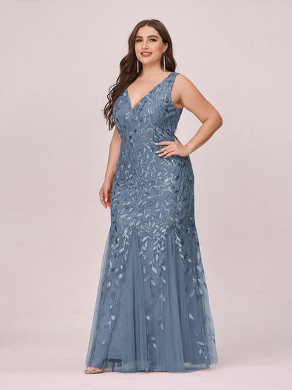 Custom Size Double V-Neck Fishtail Sequin Formal Maxi Evening Dress #color_Dusty Navy