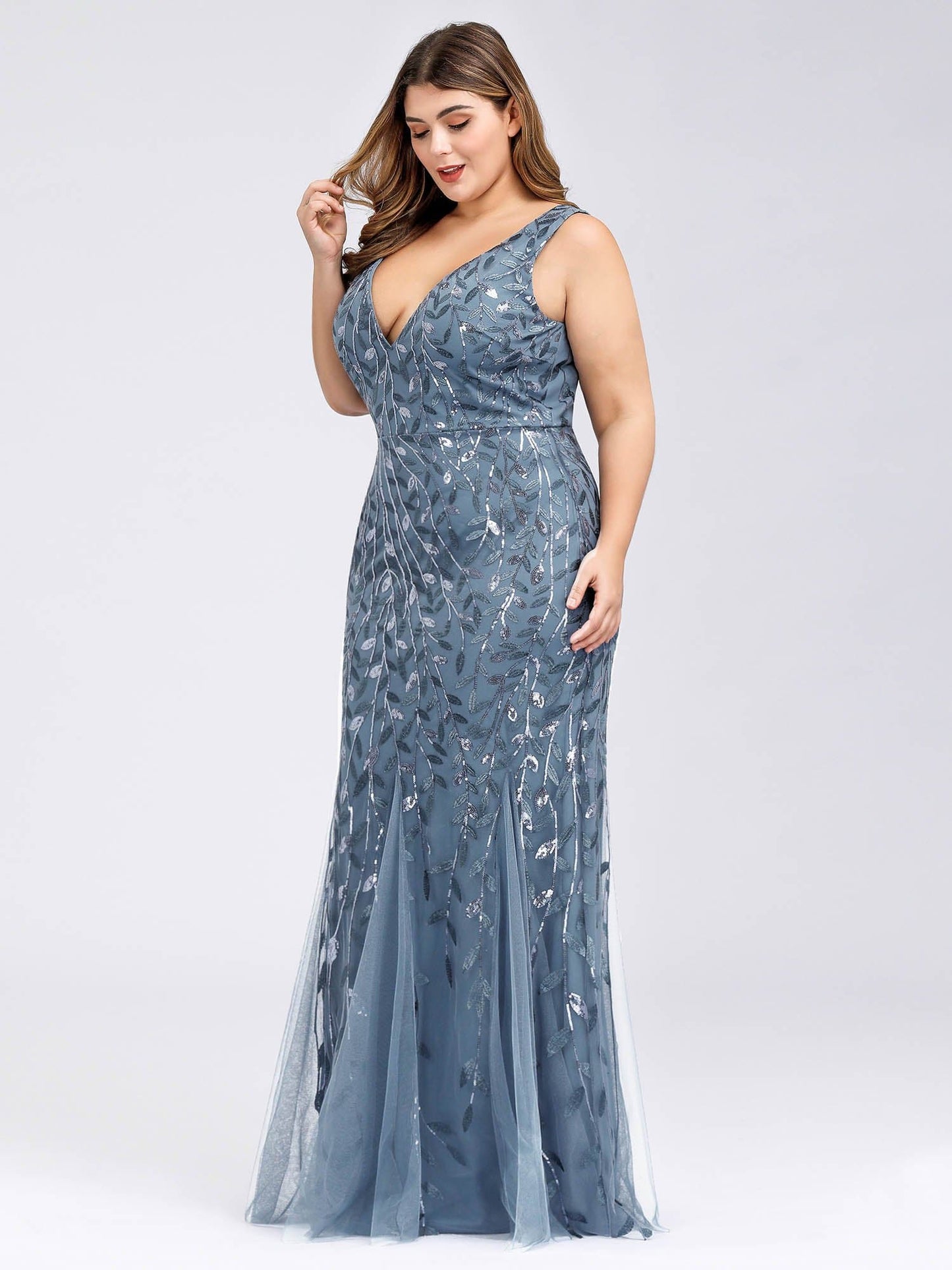 Plus Size Maxi Sequin Formal Dresses & Gowns #Color_Dusty Navy