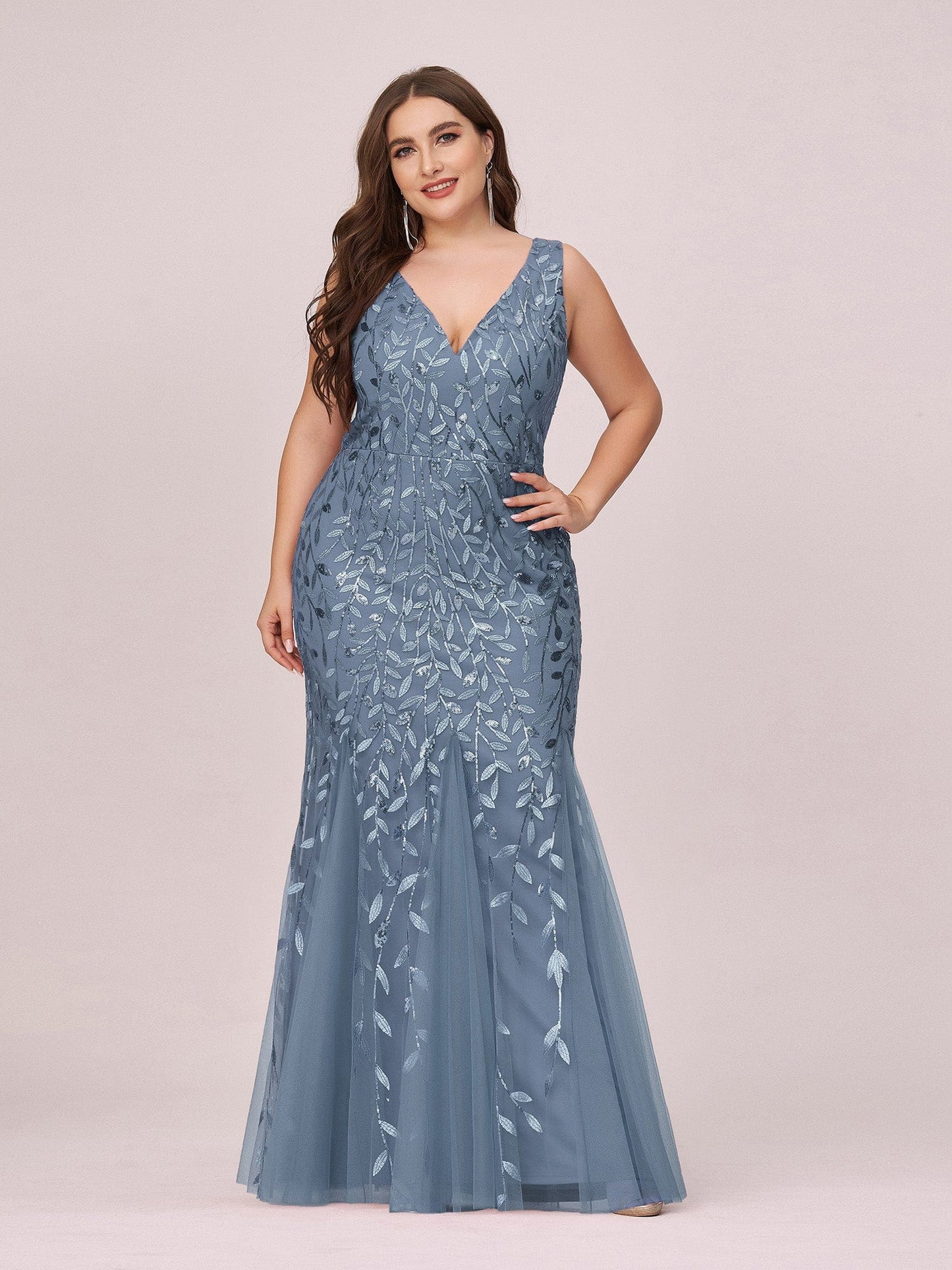 Custom Size Double V-Neck Fishtail Sequin Formal Maxi Evening Dress #color_Dusty Navy