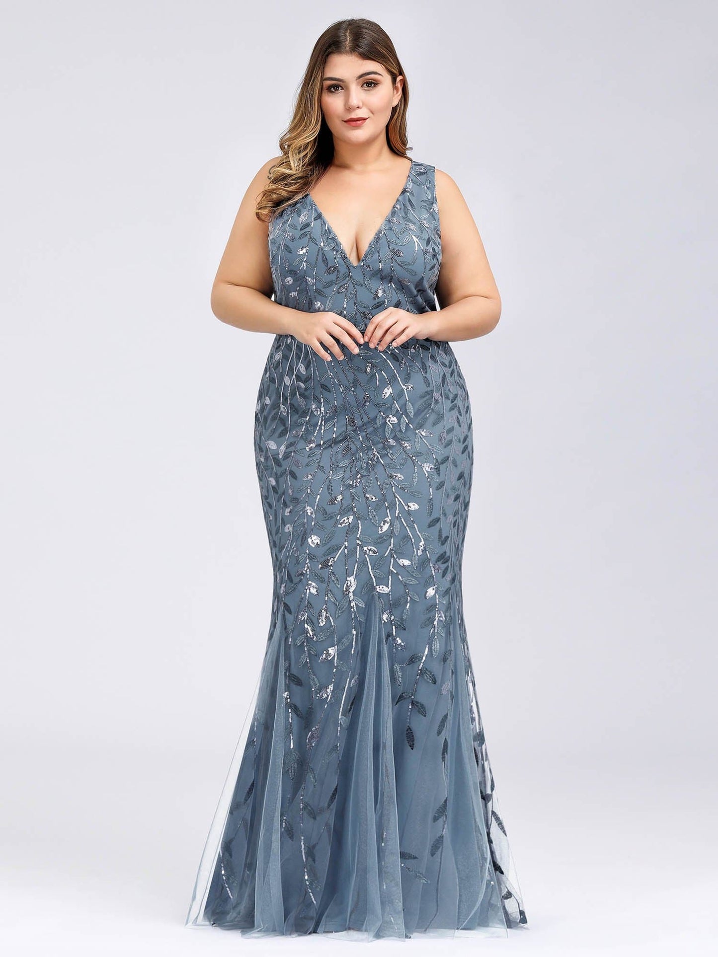 Plus Size Maxi Sequin Formal Dresses & Gowns #Color_Dusty Navy