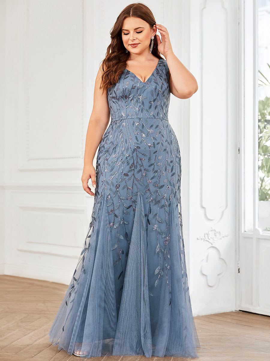 Plus Size Double V-Neck Fishtail Sequin Formal Maxi Evening Dress #color_Dusty Navy 