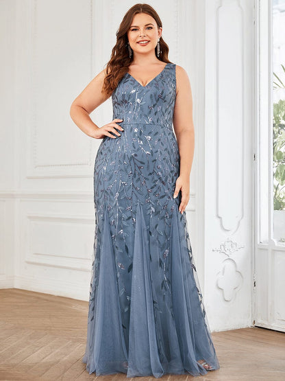 Plus Size Double V-Neck Fishtail Sequin Formal Maxi Evening Dress #color_Dusty Navy 