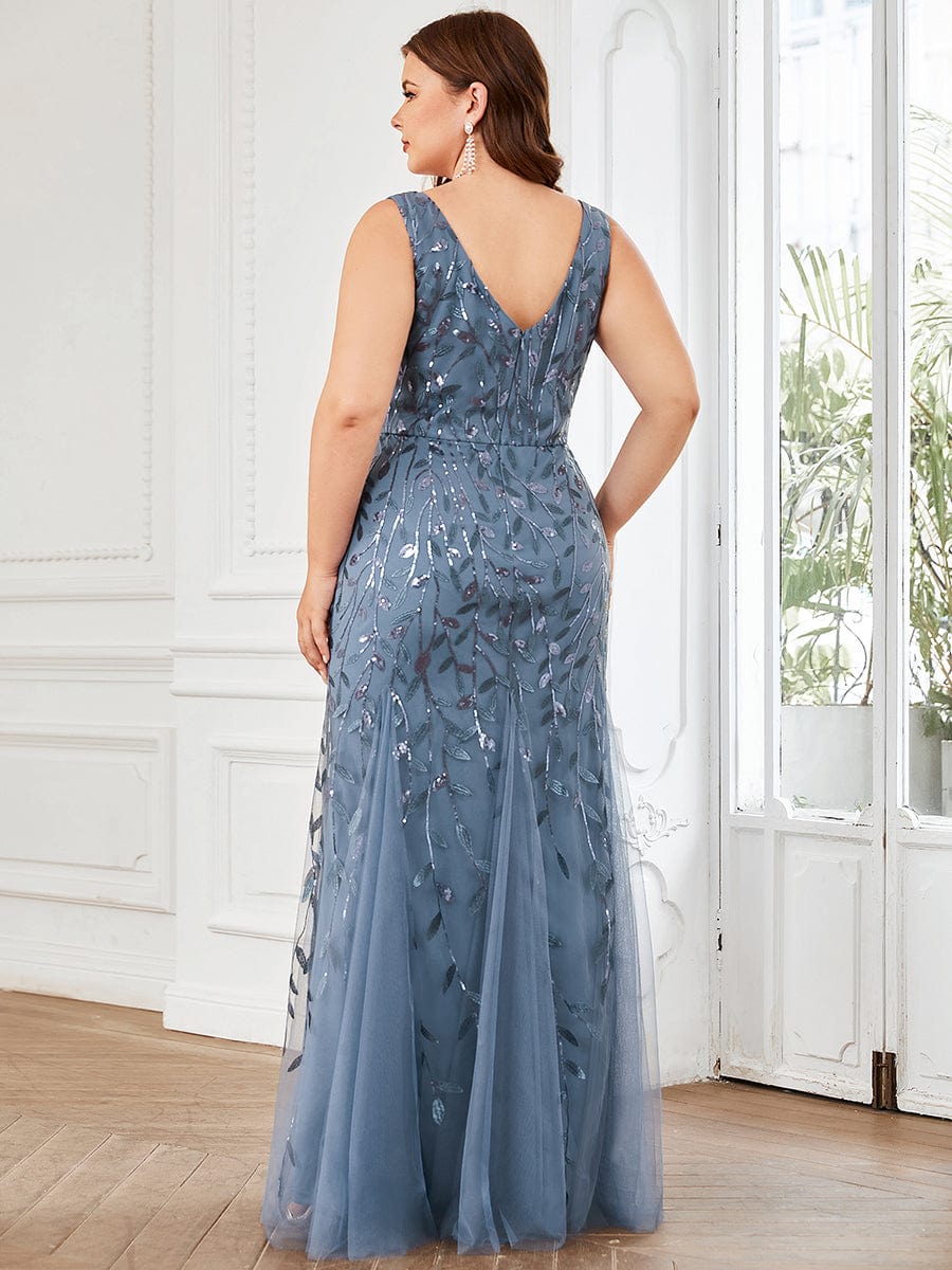 Plus Size Double V-Neck Fishtail Sequin Formal Maxi Evening Dress #color_Dusty Navy 