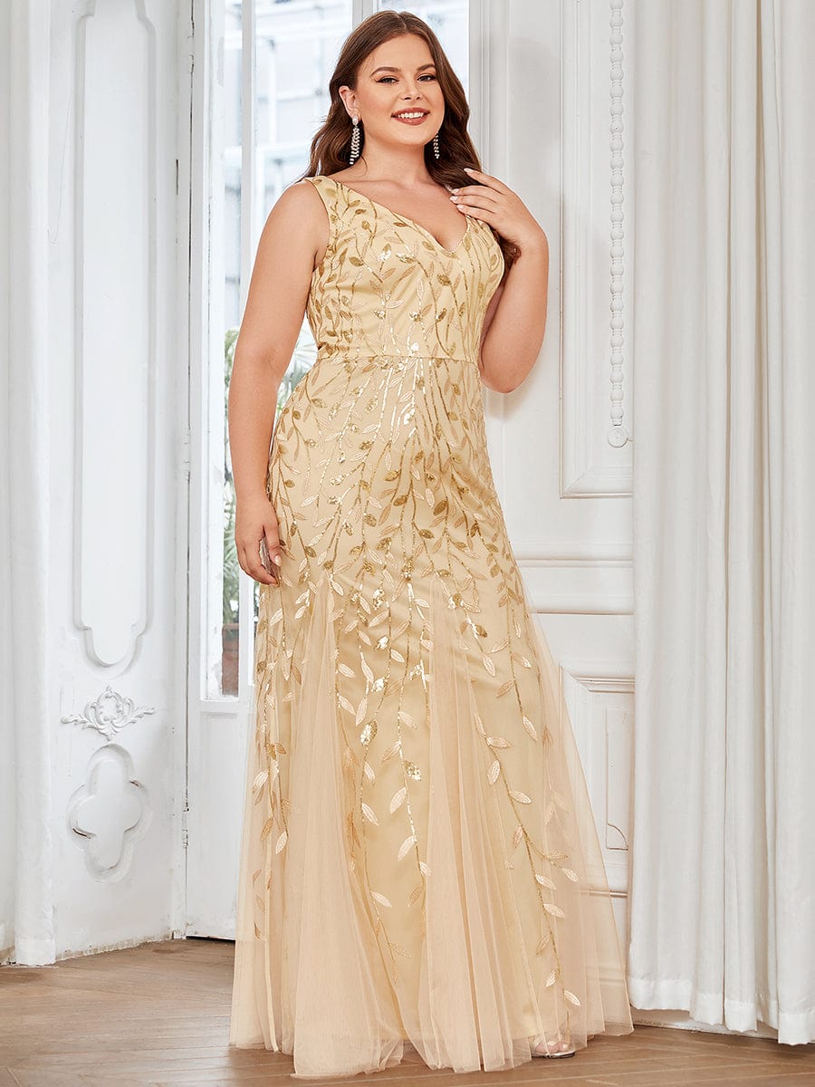 Women's Double V-Neck Fishtail Sequin Evening Dress #Color_Gold