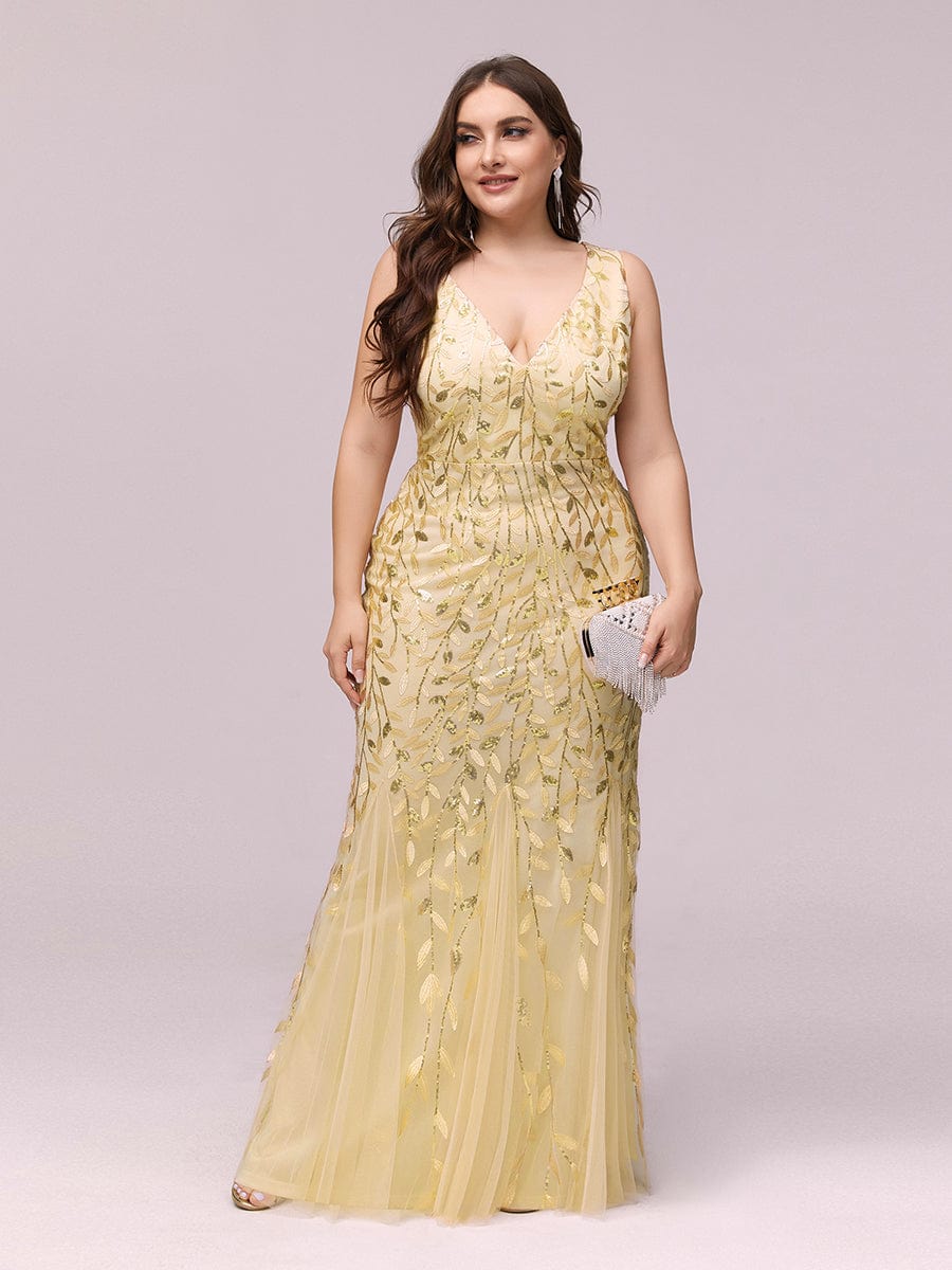 Plus Size Double V-Neck Fishtail Sequin Formal Maxi Evening Dress #color_Gold 