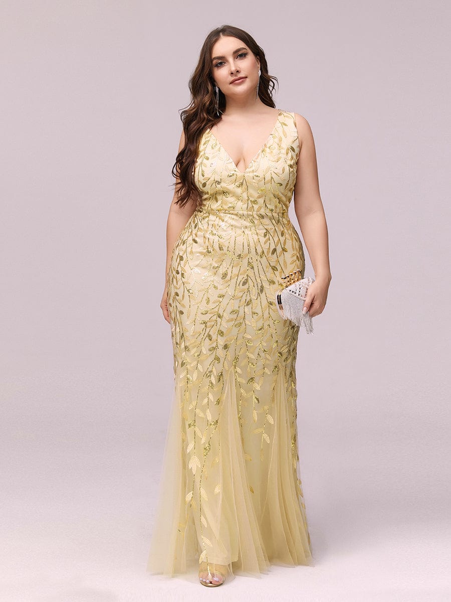 Plus Size Double V-Neck Fishtail Sequin Formal Maxi Evening Dress #color_Gold 