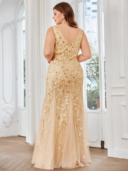 Custom Size Double V-Neck Fishtail Sequin Formal Maxi Evening Dress #color_Gold