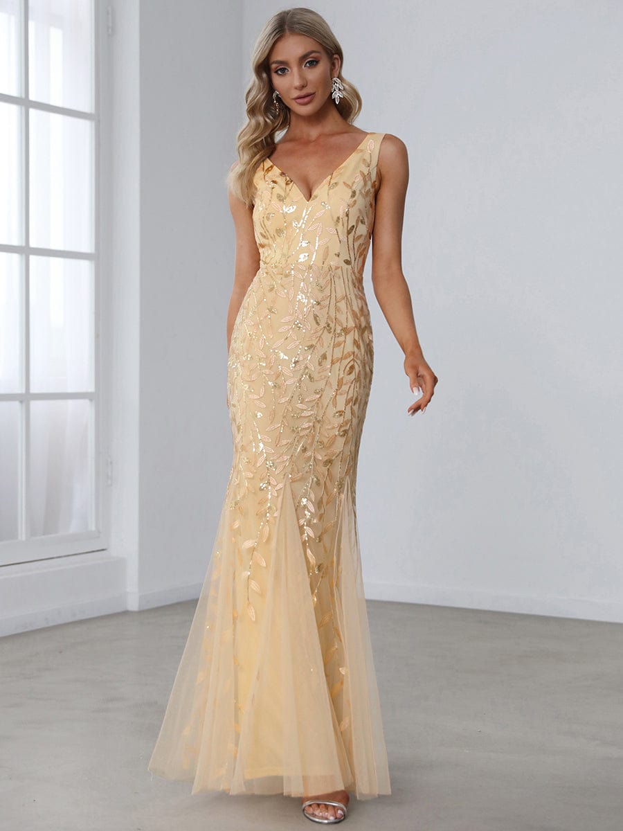 Women's Double V-Neck Fishtail Sequin Evening Dress #Color_Gold