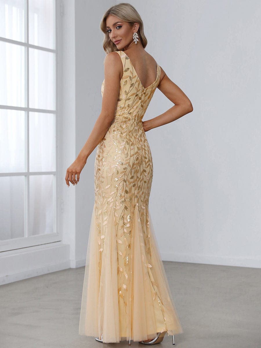 Women's Double V-Neck Fishtail Sequin Evening Dress #Color_Gold