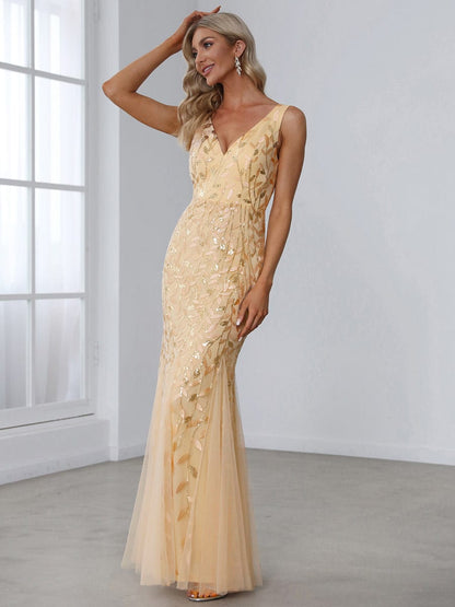 Women's Double V-Neck Fishtail Sequin Evening Dress #Color_Gold