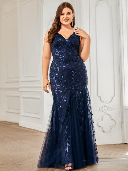 Plus Size Double V-Neck Fishtail Sequin Formal Maxi Evening Dress #color_Navy Blue 