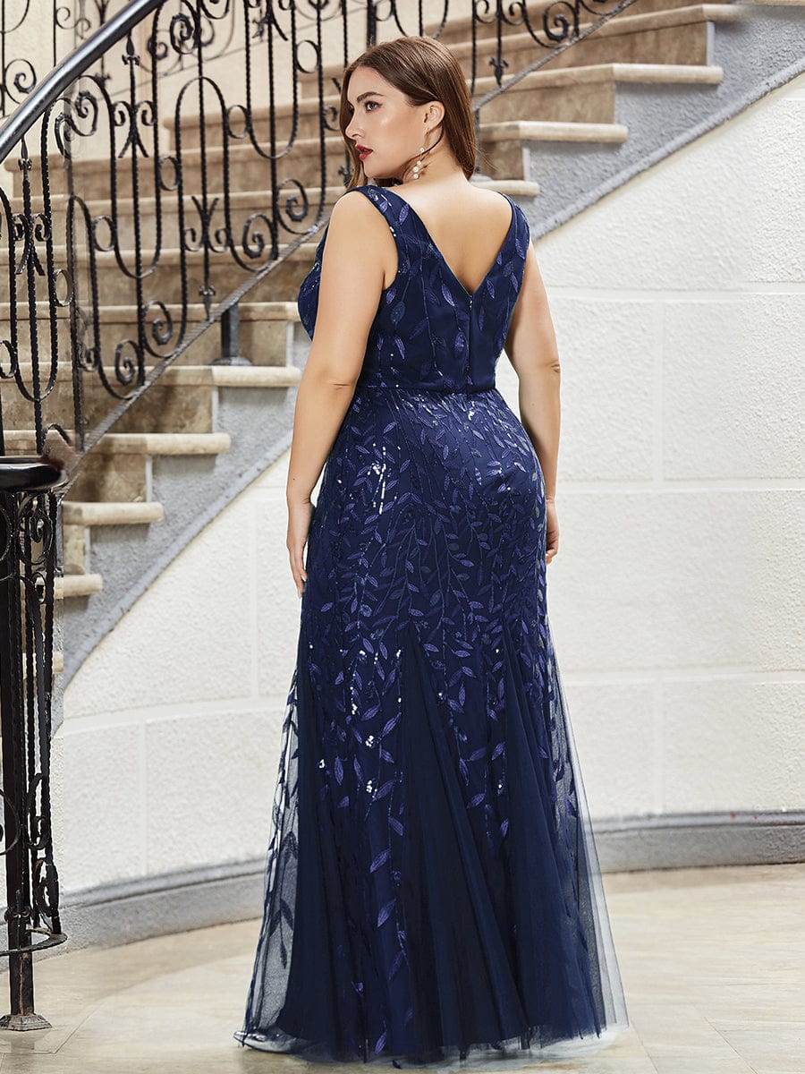 Plus Size Double V-Neck Fishtail Sequin Formal Maxi Evening Dress #color_Navy Blue 