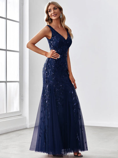 Women's Double V-Neck Fishtail Sequin Evening Dress #Color_Navy Blue